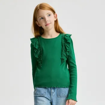 Dívčí tričko Reserved - Žebrovaná halenka s volánem - zelená - 331FT-77X - 331FT-77X-122