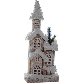 Vánoční dekorace SEIZIS Kostelík dřevěný zasněžený s LED, 40cm
