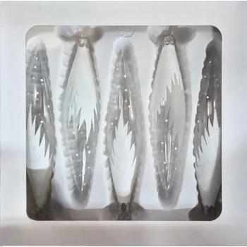 Vánoční dekorace Vánoční skleněné rakety, čiré, lesk, bílý dekor, 5ks