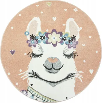 Koberec KOBEREC KULATÝ RŮŽOVÝ LIMA LAMA SRDÍČKA KVĚTINKY PRO DÍVKY prům. 100 cm