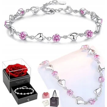 Náramek Bransoletka Srebrna z Cyrkoniami Serce Pełne Růžový Dámský NASTAVITELNÝ