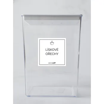 Speciální papír LÍSKOVÉ OŘECHY MLETÉ – bílá samolepka na dózu, základní písmo, 5 x 5 cm | DomaLEP