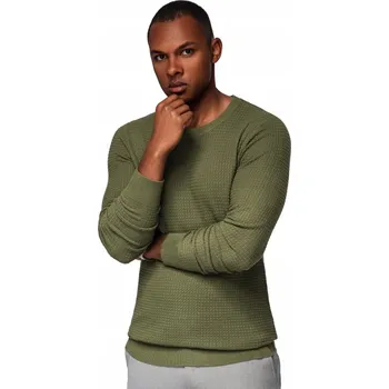 Pánský svetr Strukturovaný pánský svetr s kulatým výstřihem olivový V1 OM-SWSW-0181 vel. M