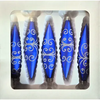 Vánoční dekorace Vánoční skleněné rakety, tmavě modrý mat, stříbrný plastický dekor, 5ks