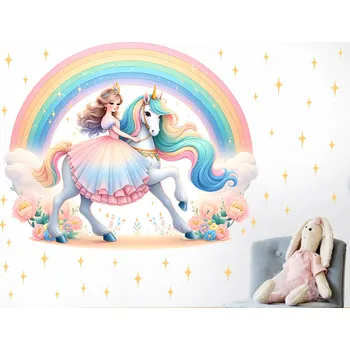 Samolepící dekorace Duhový jednorožec a princezna samolepka na zeď arch 100 x 82 cm