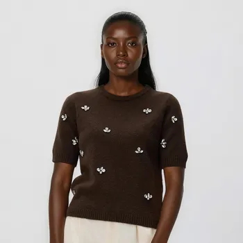 Dámský svetr Reserved - Svetr s lesklou aplikací - hnědá - 655HO-88M - 655HO-88M-XL