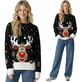 Dámský svetr Vánoční svetr s&nbsp;sobem černý dámský vánoční sněhové vločky M/L