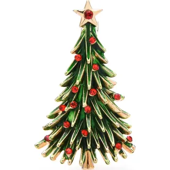 Brož B-TOP Pozlacená vánoční brož ve tvaru stromečku s červenými krystaly