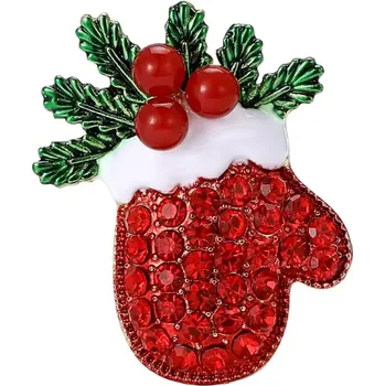 Brož B-TOP Vánoční brož ve tvaru rukavice s červenými krystaly a zelenými větvičkami