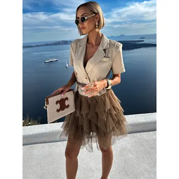 Dámské šaty Béžové letní krátké šaty ARLINA s páskem Velikost: ONESIZE