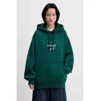 Dámská mikina Bavlněná mikina Tommy Jeans dámská, zelená barva, s kapucí, s aplikací, DN0DN00099 79X, vel. M