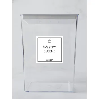 Samolepící etiketa ŠVESTKY SUŠENÉ – bílá samolepka na dózu, základní písmo, 5 x 5 cm | DomaLEP