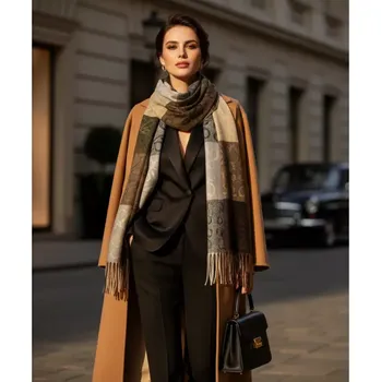 Rukavice Kašmírová Versoli velká dámská módní šála hnědo-černá REC-73 (Dámské šátky a šály )