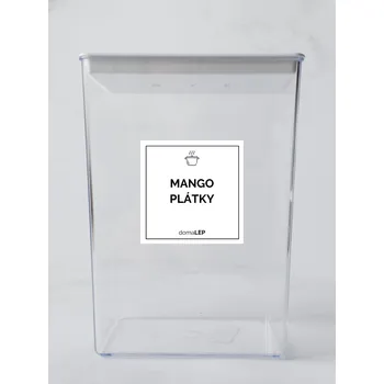 Samolepící etiketa MANGO PLÁTKY – bílá samolepka na dózu, tučné písmo, 5 x 5 cm | DomaLEP