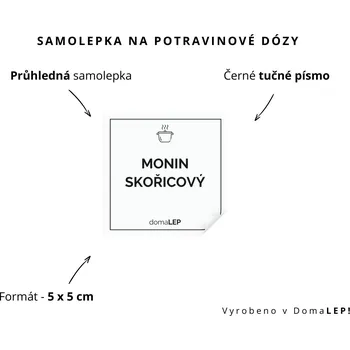 Dóza na potraviny MONIN SKOŘICOVÝ - omyvatelná samolepka na dózu, výběr rozměrů Ø 5 cm / 5 x 5 cm / 6 x 8 cm | DomaLEP tvar: ČTVEREC, barva: PRŮHLEDNÁ - ČERNÉ písmo, velikost: š. 5 cm x v. 5 cm - tučné písmo