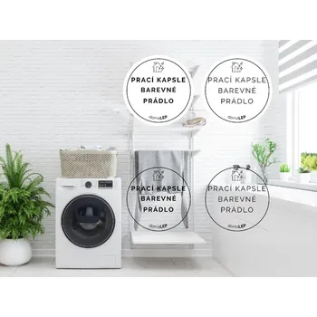 PRACÍ KAPSLE BAREVNÉ PRÁDLO - organizační samolepky od DomaLEP tvar: KOLEČKO, barva: PRŮHLEDNÁ - ČERNÉ písmo, velikost: Ø 5 cm - tučné písmo