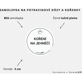 Samolepící etiketa KOŘENÍ NA JEHNĚČÍ - omyvatelná samolepka na kořenky, výběr rozměrů Ø 5 cm / 5 x 5 cm / 6 x 8 cm | DomaLEP tvar: KOLEČKO, barva: BÍLÁ - ČERNÉ písmo, velikost: Ø 5 cm - tučné písmo