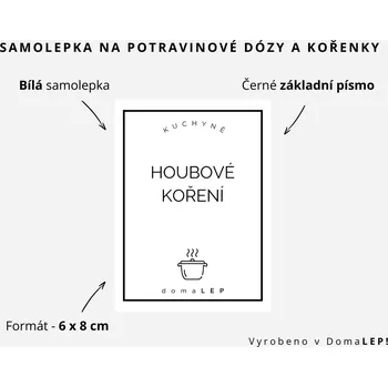 Papír HOUBOVÉ KOŘENÍ - omyvatelná samolepka na kořenky, výběr rozměrů Ø 5 cm / 5 x 5 cm / 6 x 8 cm | DomaLEP tvar: OBDÉLNÍK, barva: BÍLÁ - ČERNÉ písmo, velikost: š. 6 cm x v. 8 cm – základní písmo