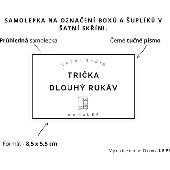Organizér oblečení TRIČKA DLOUHÝ RUKÁV - Samolepka na šuplíky a boxy do šatní skříně, 8,5 x 5,5 cm - DomaLEP varianta: SAMOLEPKA, barva: PRŮHLEDNÁ - ČERNÉ písmo, velikost: š. 8,5 cm x v. 5,5 cm - tučné písmo
