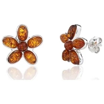 Módní doplněk Stříbrné náušnice kytky s jantary STNAU2086F + dárek zdarma