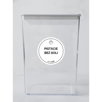 Samolepící etiketa PISTÁCIE BEZ SOLI – bílá samolepka na dózu, tučné písmo, 5 cm | DomaLEP