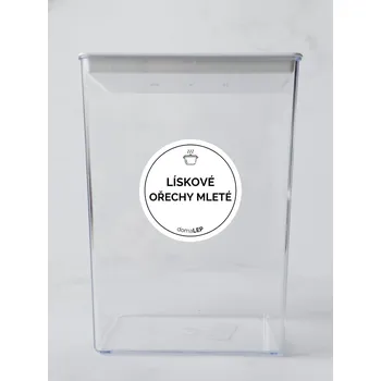 Samolepící etiketa LÍSKOVÉ OŘECHY – bílá samolepka na dózu, tučné písmo, 5 cm | DomaLEP