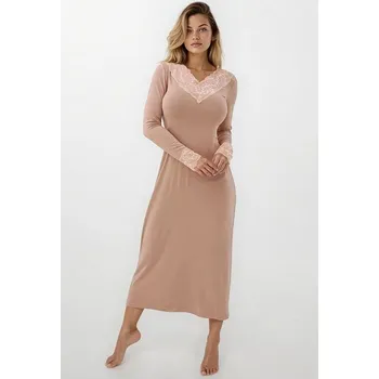 Dámská noční košile Dlouhá luxusní košilka Ceylon světle hnědá L - Dárková krabička