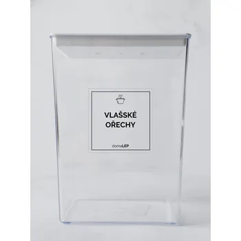 Samolepící etiketa VLAŠSKÉ OŘECHY – průhledná samolepka na dózu, tučné písmo, 5 x 5 cm | DomaLEP