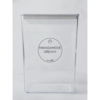 Speciální papír MAKADAMOVÉ OŘECHY – průhledná samolepka na dózu, základní písmo, 5 cm | DomaLEP