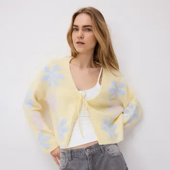 Dámský svetr Reserved - Kardigan s ozdobným zavazováním - světle žlutá - 143FH-10X - 143FH-10X-S