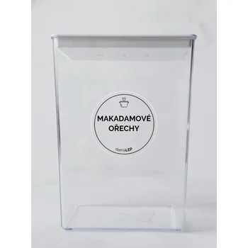 Samolepící etiketa MAKADAMOVÉ OŘECHY – průhledná samolepka na dózu, tučné písmo, 5 cm | DomaLEP