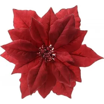 Vánoční dekorace Umělá vánoční hvězda - poinsetta, na klipu, sametová, průměr 24 cm, červená