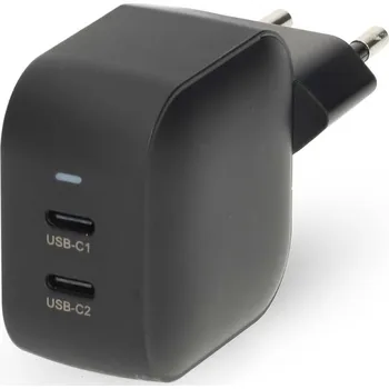 Nedis WGCHA45WBK Napájecí adaptér, síťová nabíječka, 2× USB-C, výstup 5–20V DC, max. 3A, výkon 45W, vstup 100–240V AC, GaN technologie, PD 3.0, černý WGCHA45WBK