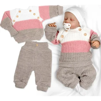Baby Nellys Rostoucí pletený svetřík a kalhoty s knoflíčky Girl, 2D - proužky Velikost: 68/74 (6-9m)