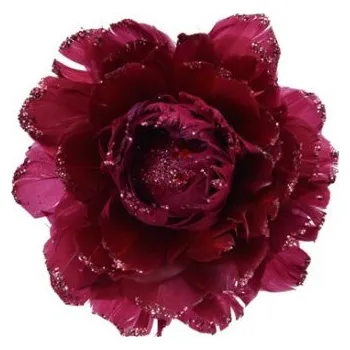 umělá květina Umělý květ na klipu, glitrovaný, průměr 11 cm, vínové peří