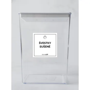 Samolepící etiketa ŠVESTKY SUŠENÉ – bílá samolepka na dózu, tučné písmo, 5 x 5 cm | DomaLEP