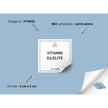 Dóza na potraviny VITAMIN D3 ELITE - Samolepka na dózu pro fitness doplňky - DomaLEP tvar: ČTVEREC, barva: BÍLÁ - ČERNÉ písmo, velikost: š. 5 cm x v. 5 cm - tučné písmo