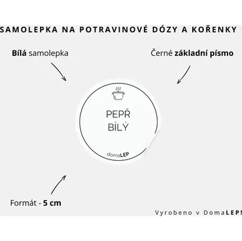 Papír PEPŘ BÍLÝ - omyvatelná samolepka na kořenky, výběr rozměrů Ø 5 cm / 5 x 5 cm / 6 x 8 cm | DomaLEP tvar: KOLEČKO, barva: BÍLÁ - ČERNÉ písmo, velikost: Ø 5 cm - základní písmo