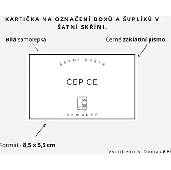 Organizér oblečení ČEPICE - Kartička na šuplíky a boxy do šatní skříně, 8,5 x 5,5 cm - DomaLEP barva: BÍLÁ - ČERNÉ písmo, velikost: š. 8,5 cm x v. 5,5 cm - základní písmo