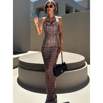 Dámské šaty Hnědé elegantní šaty KYRYL s leopardím vzorem Velikost: S/M