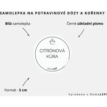 Speciální papír CITRÓNOVÁ KŮRA - omyvatelná samolepka na kořenky, výběr rozměrů Ø 5 cm / 5 x 5 cm / 6 x 8 cm | DomaLEP tvar: KOLEČKO, barva: BÍLÁ - ČERNÉ písmo, velikost: Ø 5 cm - základní písmo