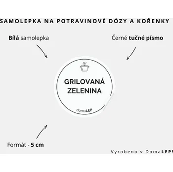 Samolepící etiketa GRILOVANÁ ZELENINA - omyvatelná samolepka na kořenky, výběr rozměrů Ø 5 cm / 5 x 5 cm / 6 x 8 cm | DomaLEP tvar: KOLEČKO, barva: BÍLÁ - ČERNÉ písmo, velikost: Ø 5 cm - tučné písmo
