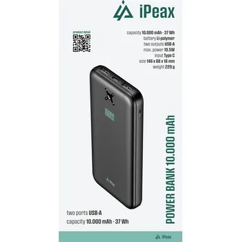 Powerbanka iPEAX POWER BANKA 10000 mAh, 10,5W, 2x USB-A ČERNÁ 90010118