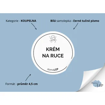 KRÉM NA RUCE - Samolepky, Nálepky a Štítky na dózy | DomaLEP tvar: KOLEČKO, barva: BÍLÁ - ČERNÉ písmo, velikost: Ø 4,5 cm - tučné písmo