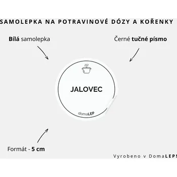 Speciální papír JALOVEC - omyvatelná samolepka na kořenky, výběr rozměrů Ø 5 cm / 5 x 5 cm / 6 x 8 cm | DomaLEP tvar: KOLEČKO, barva: BÍLÁ - ČERNÉ písmo, velikost: Ø 5 cm - tučné písmo