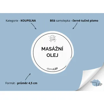 MASÁŽNÍ OLEJ - Samolepky, Nálepky a Štítky na lahvičky | DomaLEP tvar: KOLEČKO, barva: BÍLÁ - ČERNÉ písmo, velikost: Ø 4,5 cm - tučné písmo