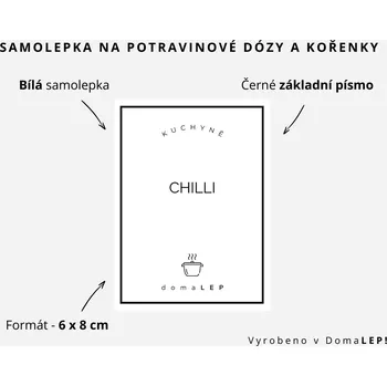 Papír CHILLI - omyvatelná samolepka na kořenky, výběr rozměrů Ø 5 cm / 5 x 5 cm / 6 x 8 cm | DomaLEP tvar: OBDÉLNÍK, barva: BÍLÁ - ČERNÉ písmo, velikost: š. 6 cm x v. 8 cm – základní písmo