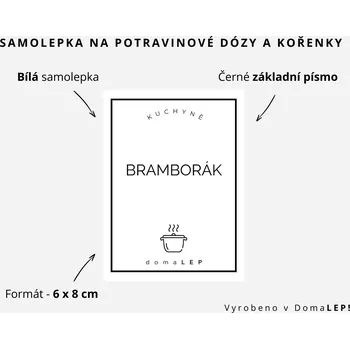 Speciální papír BRAMBORÁK - omyvatelná samolepka na kořenky, výběr rozměrů Ø 5 cm / 5 x 5 cm / 6 x 8 cm | DomaLEP tvar: OBDÉLNÍK, barva: BÍLÁ - ČERNÉ písmo, velikost: š. 6 cm x v. 8 cm – základní písmo