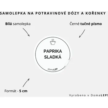 Samolepící etiketa PAPRIKA SLADKÁ - omyvatelná samolepka na kořenky, výběr rozměrů Ø 5 cm / 5 x 5 cm / 6 x 8 cm | DomaLEP tvar: KOLEČKO, barva: BÍLÁ - ČERNÉ písmo, velikost: Ø 5 cm - tučné písmo