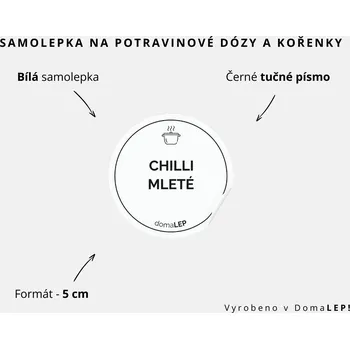 Samolepící etiketa CHILLI MLETÉ - omyvatelná samolepka na kořenky, výběr rozměrů Ø 5 cm / 5 x 5 cm / 6 x 8 cm | DomaLEP tvar: KOLEČKO, barva: BÍLÁ - ČERNÉ písmo, velikost: Ø 5 cm - tučné písmo
